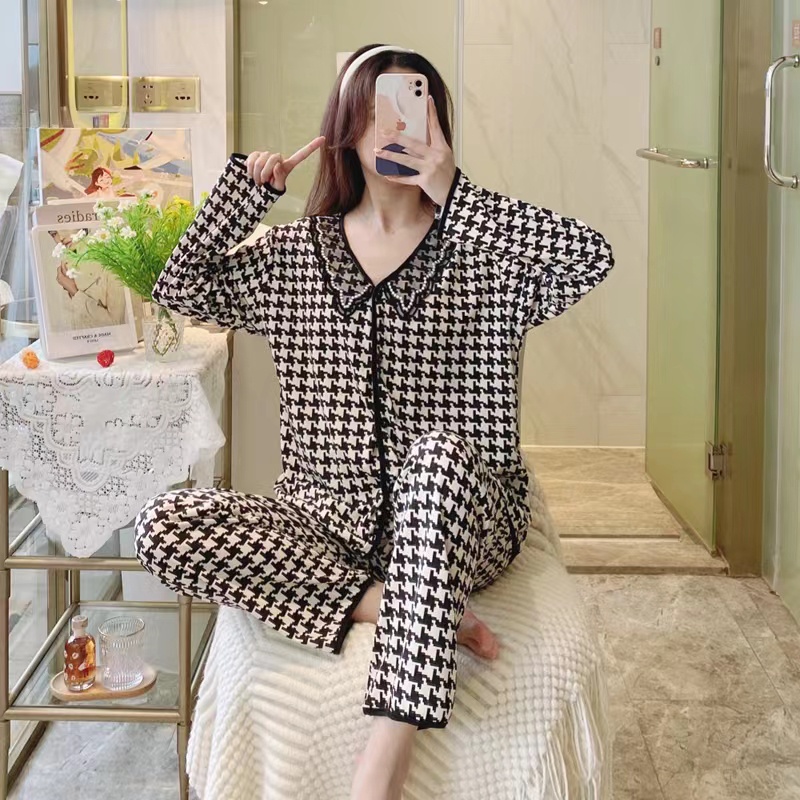 baru houndstooth piyama/baju lengan panjang + celana setelan homewear