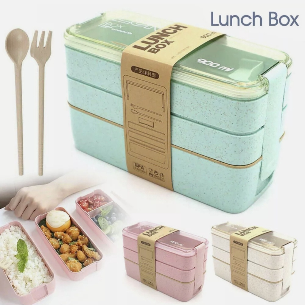 Kotak Bekal Lunch Box Kotak Makan Ompreng Tempat Makan 3 layer 900 ML Jerami BPA Free Sendok Garpu