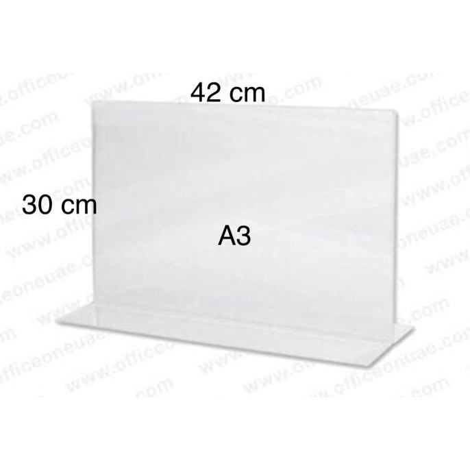 

Acrylic tent card a3 landscape. Tinggi 30 x panjang 42 cm.Bahan