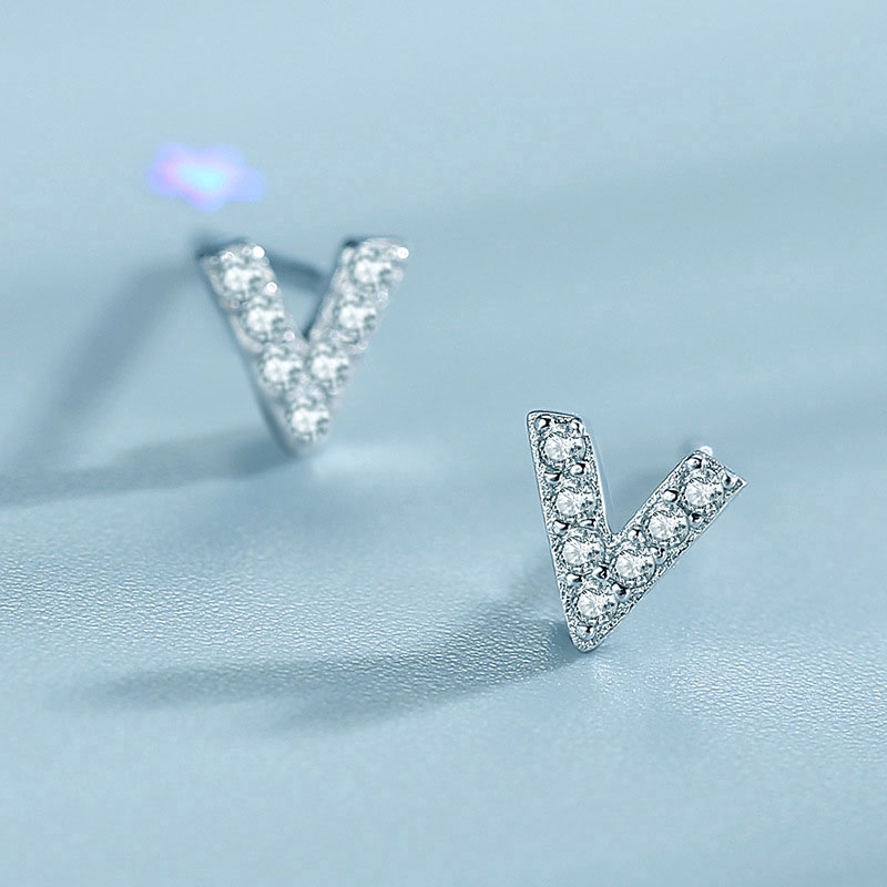 Fashion 925 Sterling Silver Stud Earring Letter V Design Crystal Small Earrings Women Jewelry Sexy Girl Jewelry