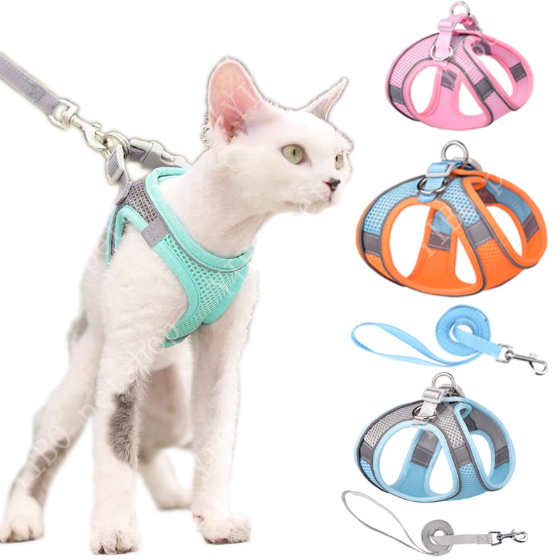 Set Tali harness Reflektif Breathable Dapat Disesuaikan Untuk Kucing Anjing Peliharaan