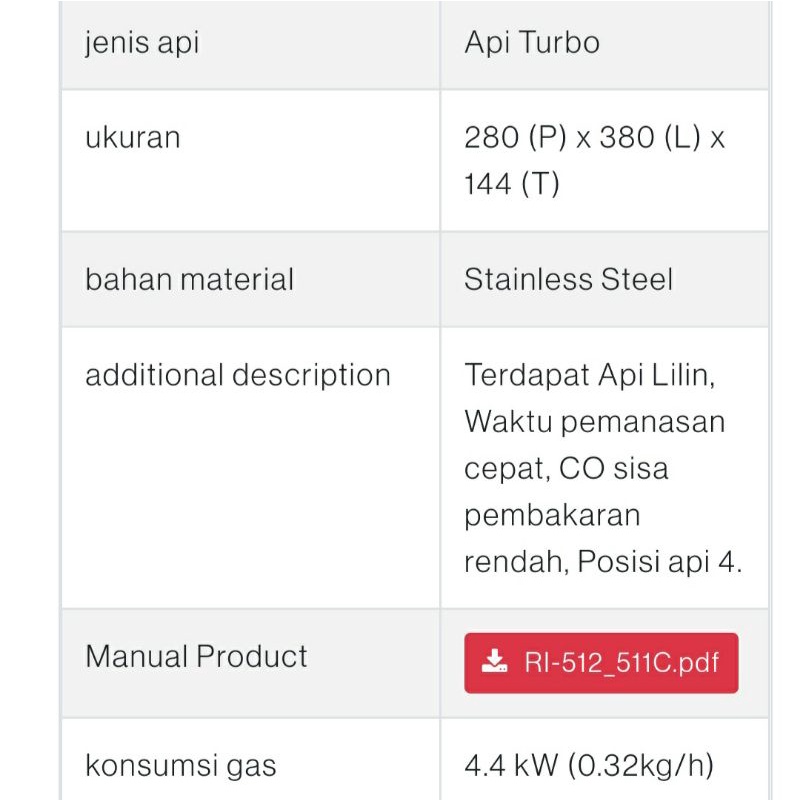 Kompor Gas Rinnai RI 511 T Api Turbo Kompor Stainless Rinnai 511 T Kompor Rinnai Api Lilin