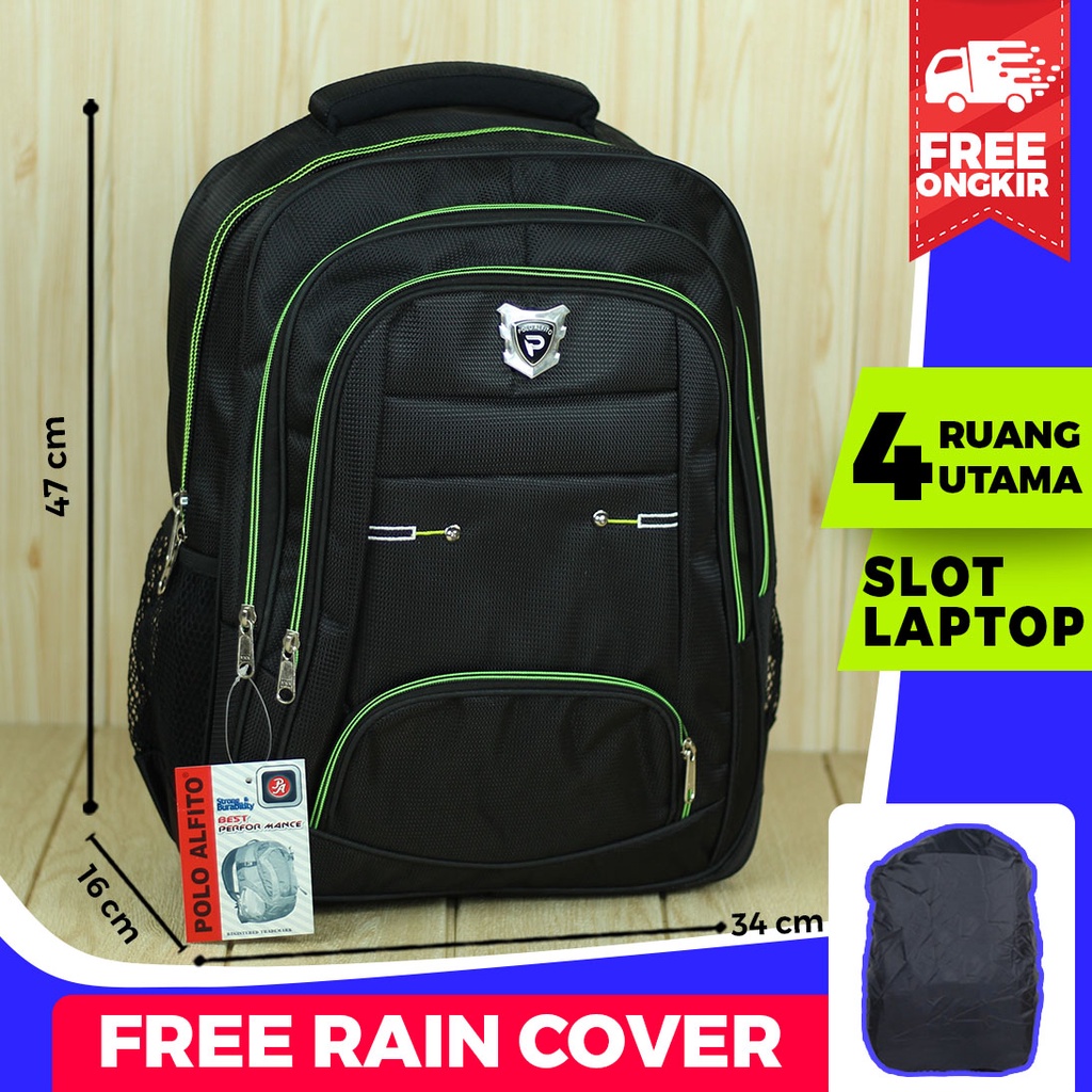 Ransel Laki Laki Polo Alfito Saku Hitam Hijau Tas Gendong Laptop Free Rain Cover Bahan Tebal Kuat