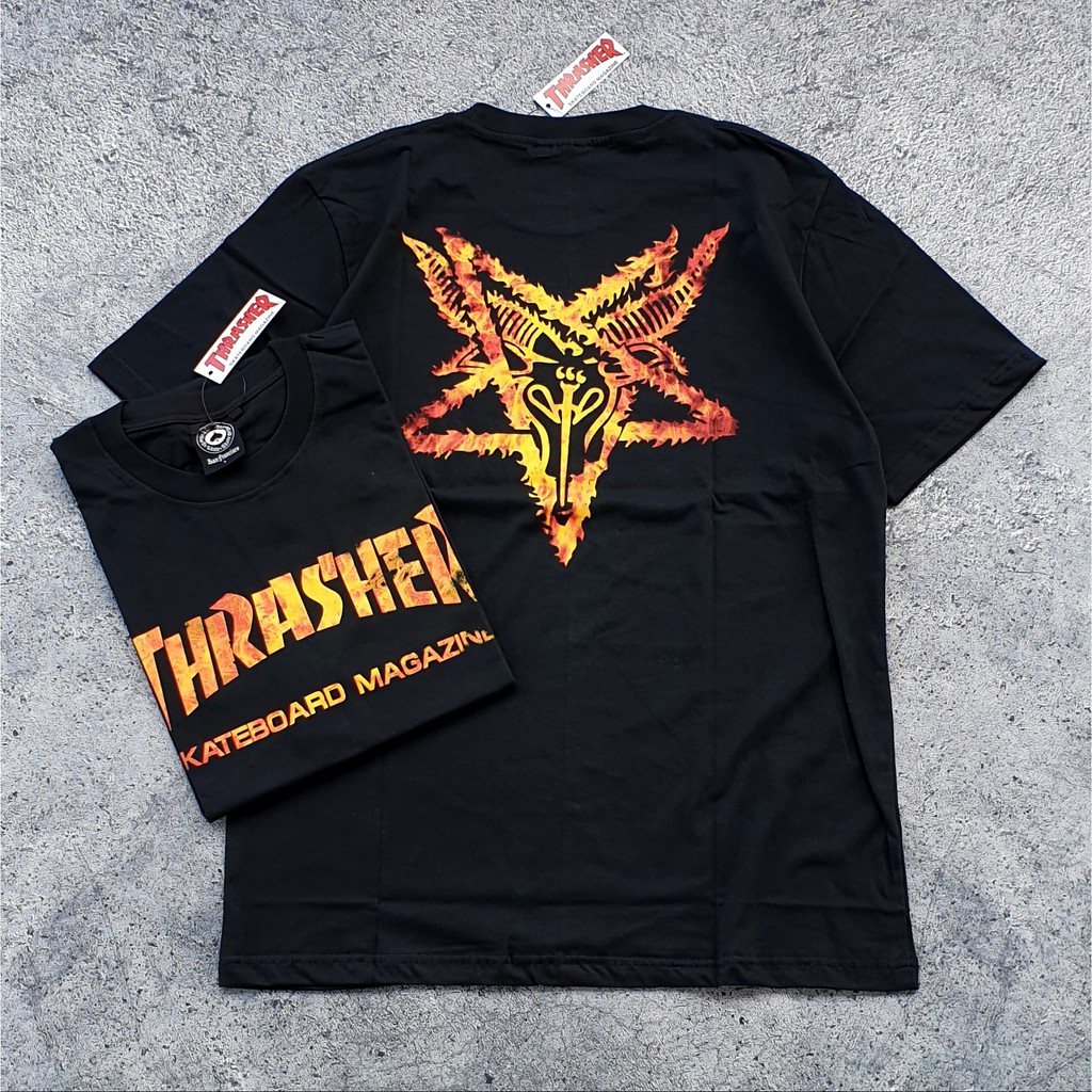 KAOS BAJU TSHIRT THRASHER MAGAZINE PENTAGRAM FLAME BLACK MIRROR ORIGINAL