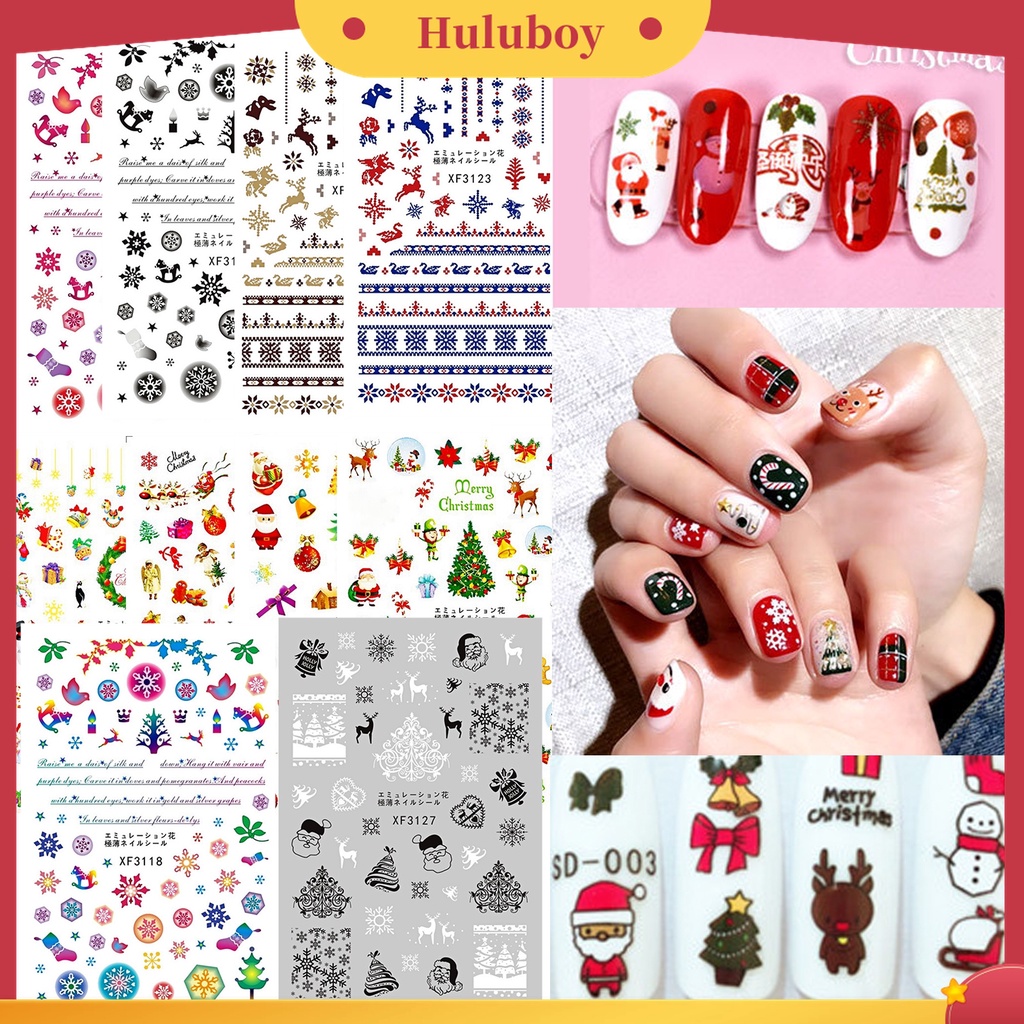 Huluboy Huluboy♡ 12pcs / Set Stiker Kuku 3D Motif Santa Claus / Rusa / Manusia Salju Warna-Warni Untuk Musim Dingin