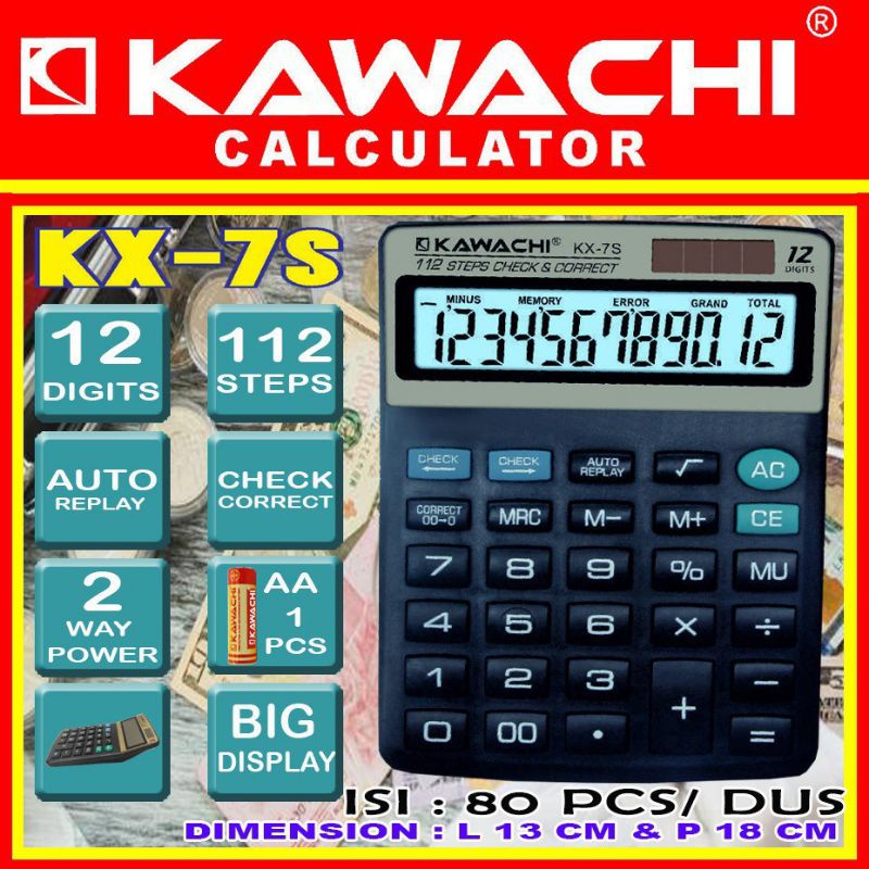 

KAWACHI KALKULATOR 12 DIGIT KX 7S BIG DISPLAY CALCULATOR 112 STEPS