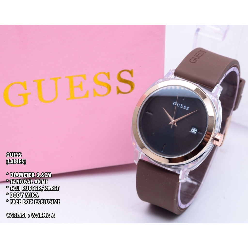 JAM TANGAN WANITA GUESS TALI RUBBER BODY BULAT TANGGAL AKTIF