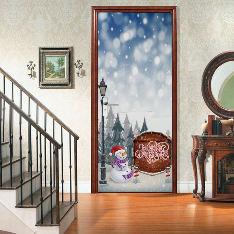 Zzz 2pcs / set Stiker Dinding / Pintu / Kulkas Anti Air Motif Snowman / Pohon Natal