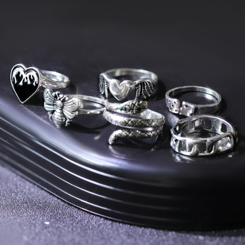 Fancyqube 6pcs Cincin Desain Hati Api Ular Lebah Warna Silver Gaya Punk Untuk Wanita