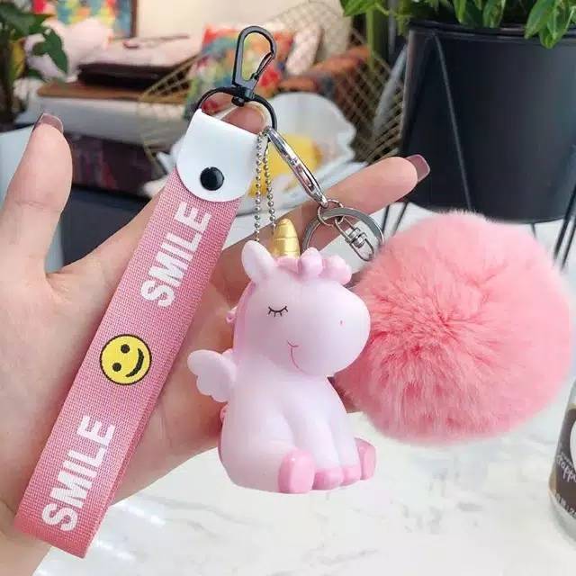 Unicorn Charms Ganci Keychain Pompom Halus Fluffy Gantungan Tas Unicorn Gantungan Kunci Unicorn