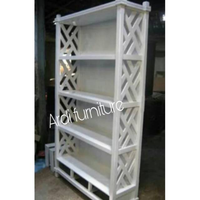Rak buku kayu jati putih duco 3 laci tempat buku lemari almari pajangan ukir jepara