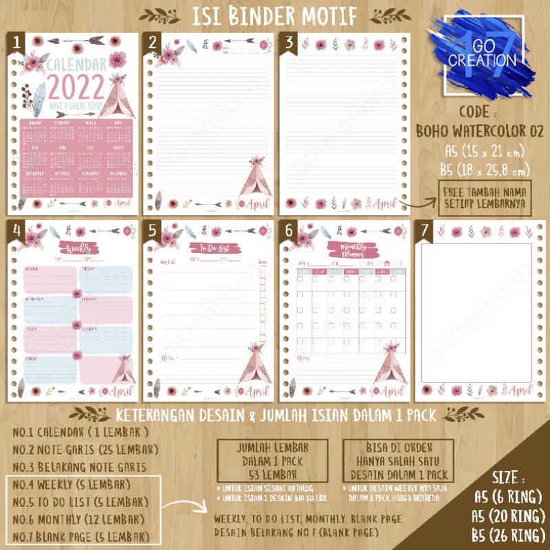 

Buku Planner isi Kertas Binder Motif Boho Watercolor 02 Premium A5 ring 20 dan A5 ring 6