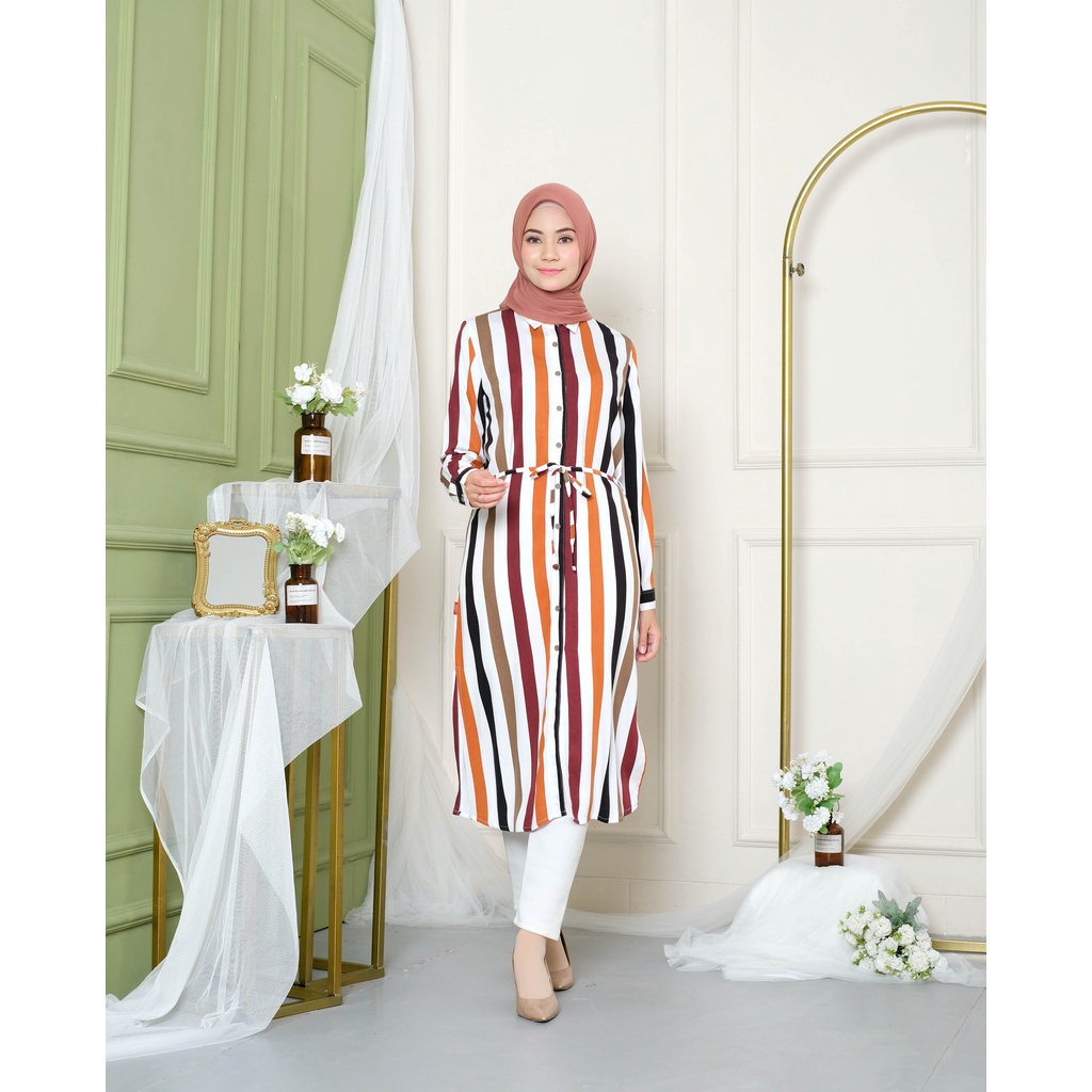 RILLEY - Kemeja Panjang Salur Mona | Atasan Tunik Kemeja Wanita Baju Muslim Katun