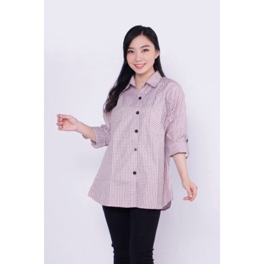 Kemeja Wanita Basic Lengan Panjang Katun Kotak Trendy/ Atas Wanita-3