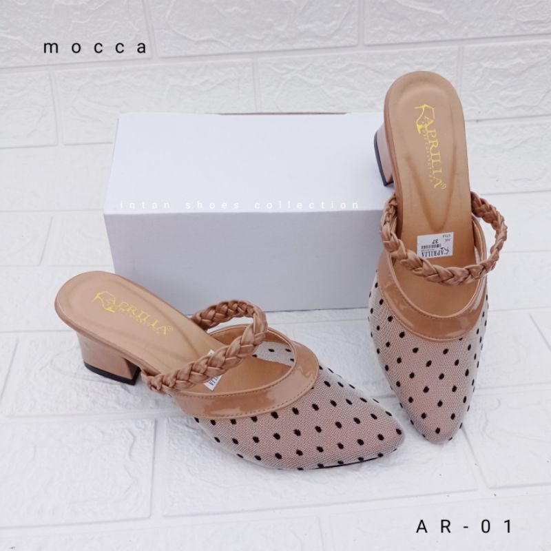 Aprilia sepatu sandal pesta wanita hak tahu 5cm/sandal bustong brukat kondangan kekinian/sepatu wanita slip on anti licin/sendal slop pesta