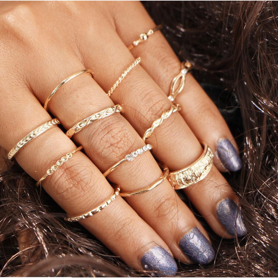 9pcs/set European American Vintage Style Gold All Match Open Adjustable Alloy Women Ring for Girlfriend Gift