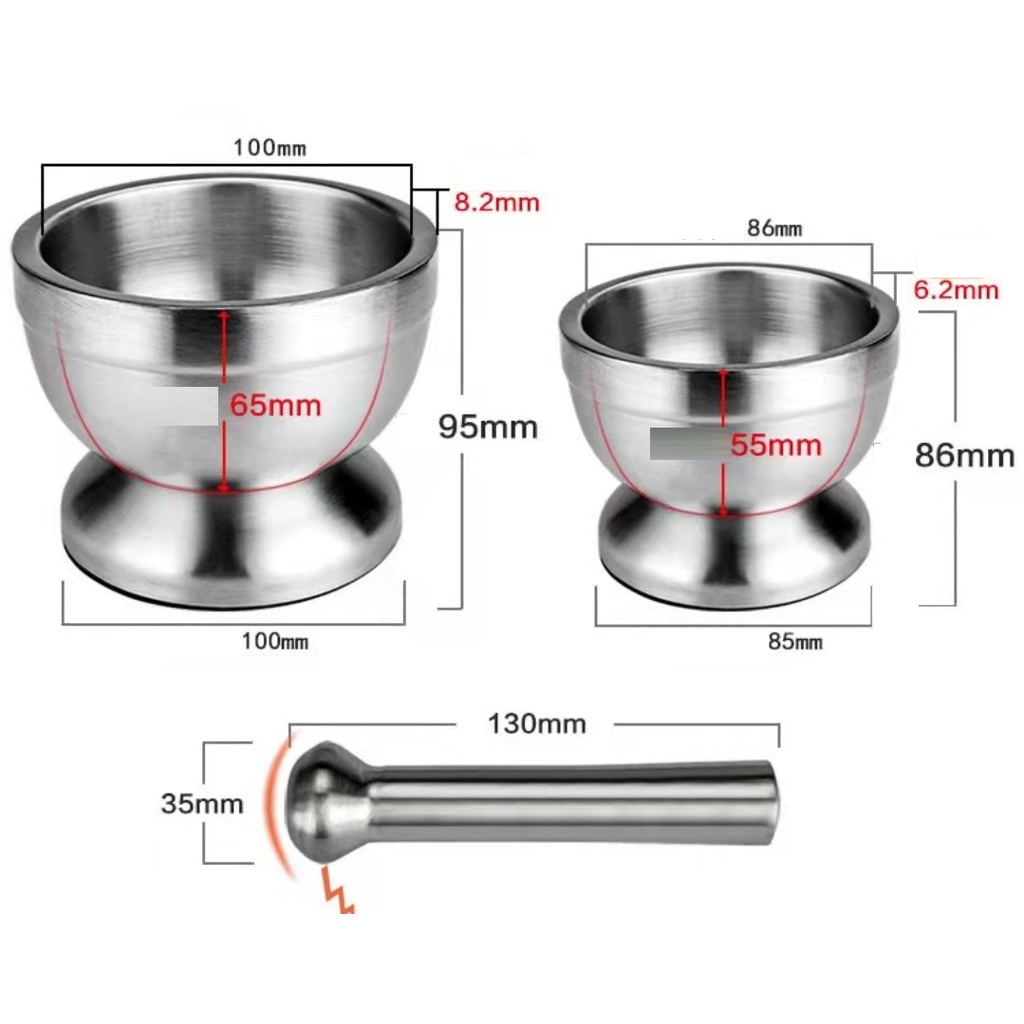 Cobek Stainless Steel SUS304 Ulekan Tumbukan Penumbuk Bumbu Dapur Obat