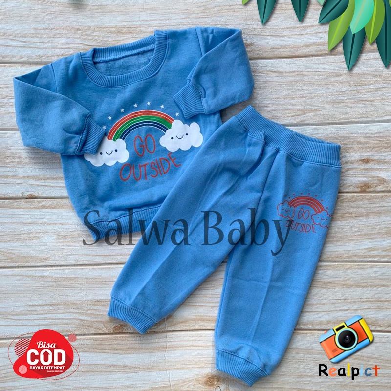 Setelan Sweater Bayi Setelan Joger Bayi Bahan Pleece Motif Pelangi Usia 3-12 Bulan Almeera Baby And Kids