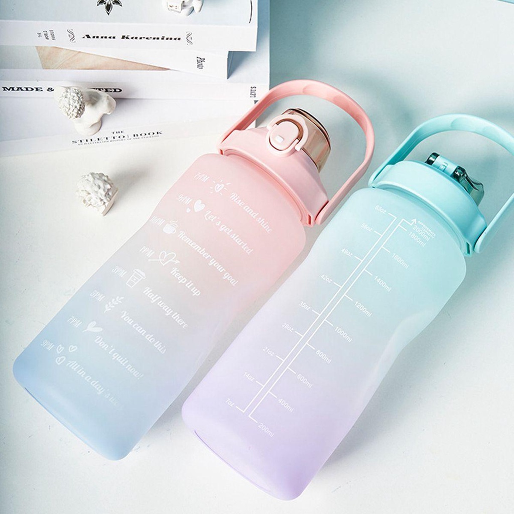 [Elegan] Botol Air Minum Outdoor 2L Warna Gradasi Dengan Sedotan Plastik Botol Minum Kapasitas Besar