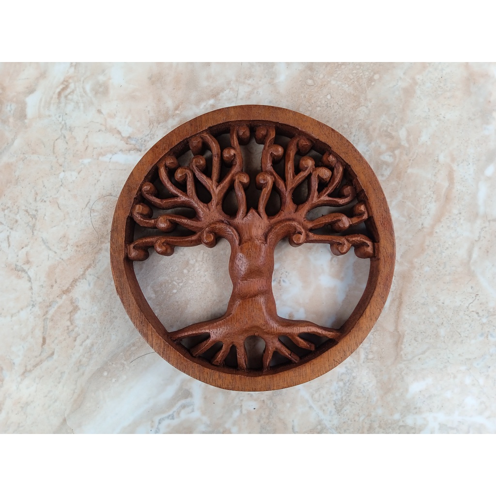 Ukiran Kayu Motif Tree Of Life Kamboja Pohon Bambu Diameter 15cm Handmade Dari Bali