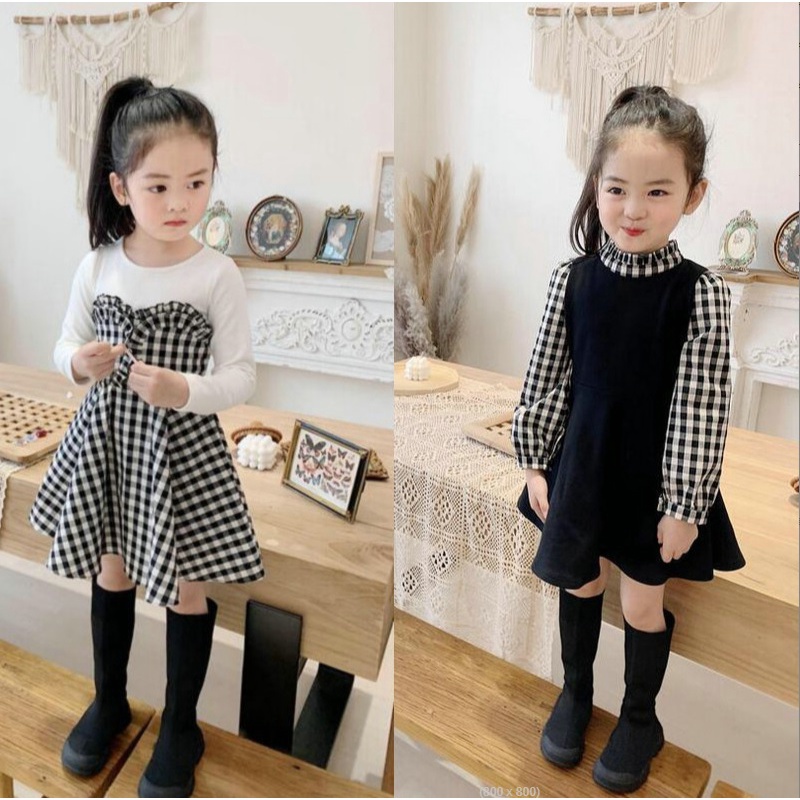 DK32 NEW Dress lengan panjang  /baju dress anak /pakaian bayi anak perempuan motif kotak - kotak