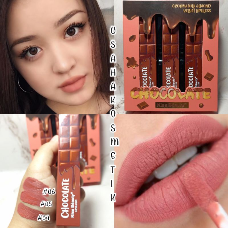 PROMO KISS BEAUTY LIP GLOSS | LIP CREAM MATTE  WARNA NUDE HARUM VELVET CHOCOLATE  NO.70107-03A|B