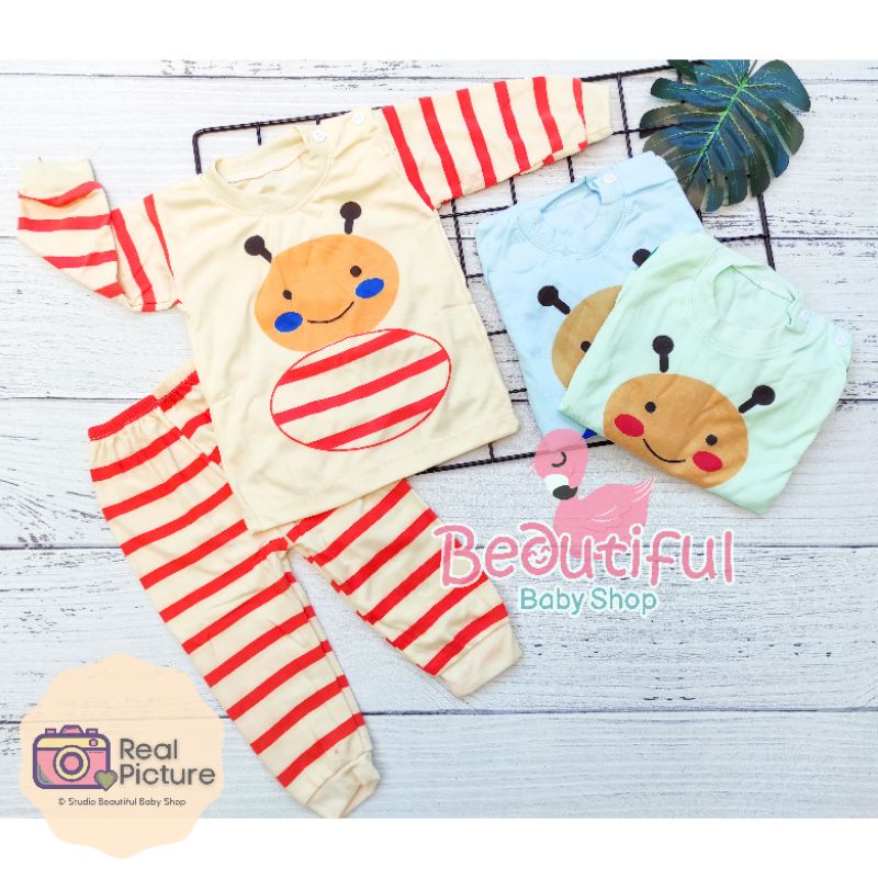 Setelan Bayi Panjang Motif Lebah / Setelan Piyama Bayi / Baju Bayi Panjang Merk Shella / Baju Tidur Bayi / Baby.ou_