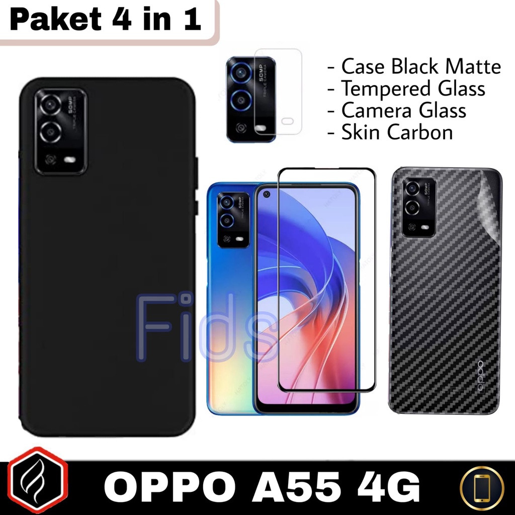 Paket 4 in 1 Case OPPO A55 4G Softcase Black Matte + Anti Gores Layar + Camera Glass Free Garskin Carbon | Casing Premium Slim Exellent Cover | Soft Matte | Soft Case Macaron