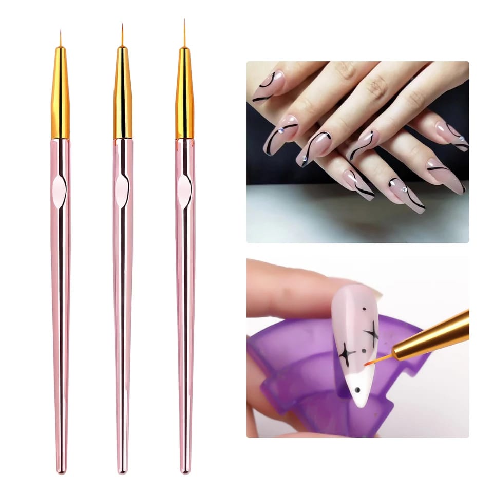 Kuas Liner Brush Akrilik Rose Gold Nail Art Kuas Lukis Garis Lurus Kuku Set Brush Liner 3PCS F807