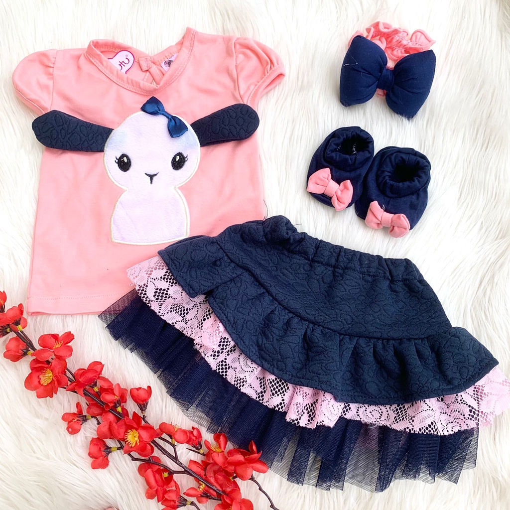 Baju setelan kaos rok tutu bandana sepatu fashion anak bayi cewek perempuan baby girl murah -she