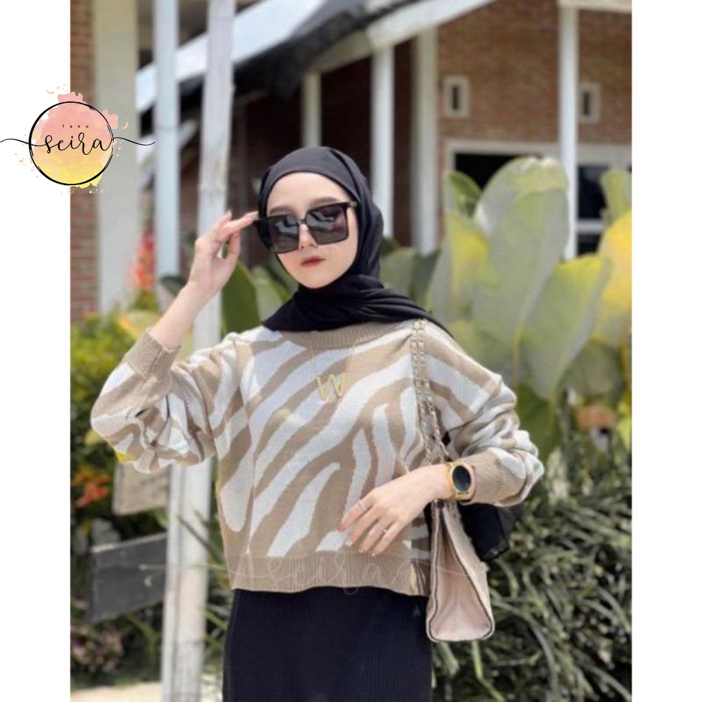 [BISA COD] Sweater Rajut Zebra / Arabelle Sweater Rajut Wanita / Crewneck Sweater Rajut Motif Zebra / Atasan Wanita / Sweater Blouse Motif Zebra