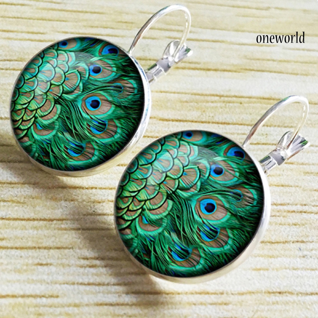 OW# 1 Pair Earrings Glass Cabochon Dangle Peacock Pattern 2 Colors Vintage Leaverback Earrings for Gift