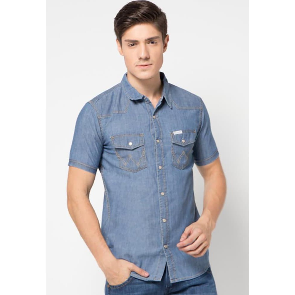 ORIGINAL Wrangler SS Chambray Kemeja Denim Pria Tangan Pendek - Navy, S