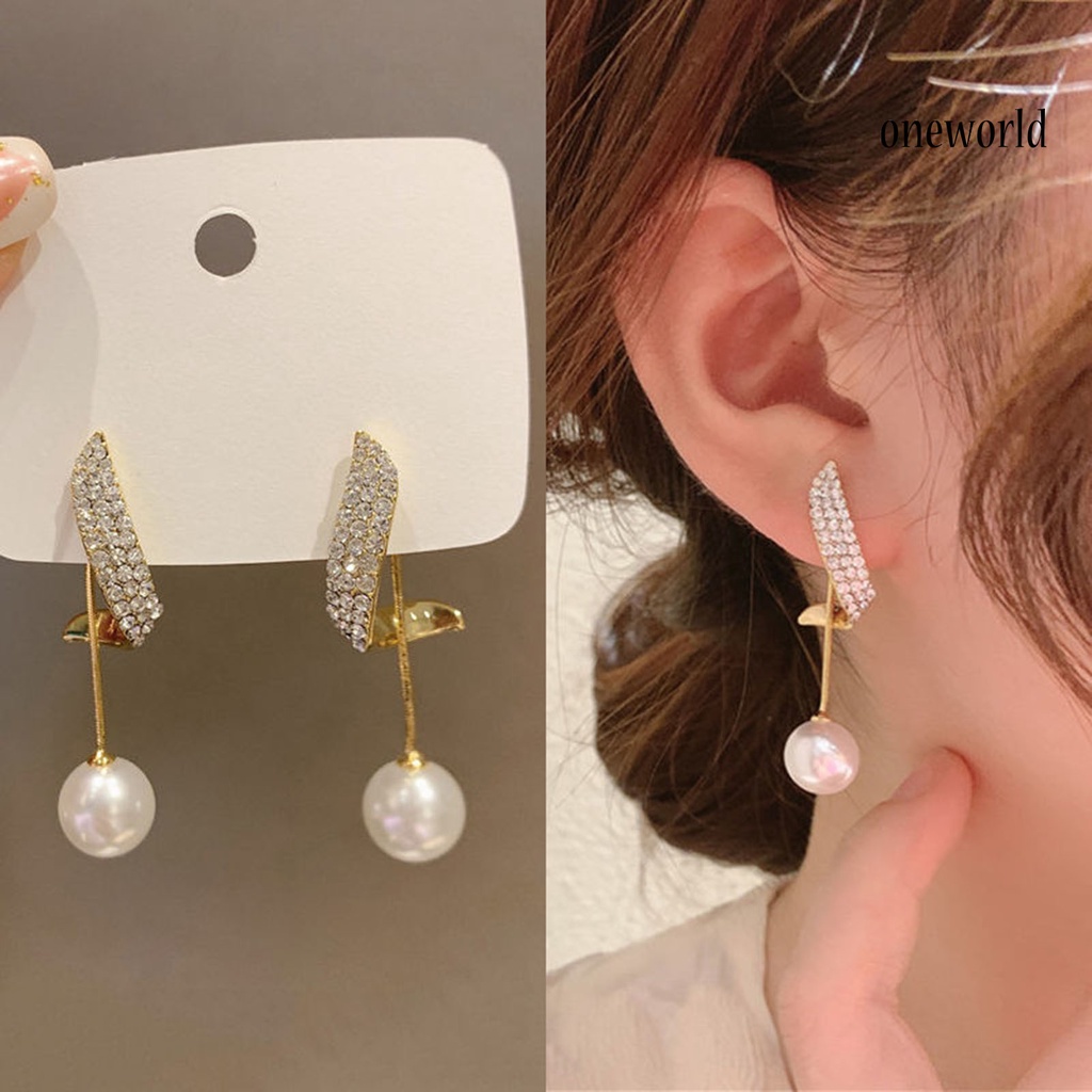 OW# 1 Pair Faux Pearl Drop Stud Earrings Unique Geometric Rhinestone Pearl Pendant Stud Earrings for Holiday