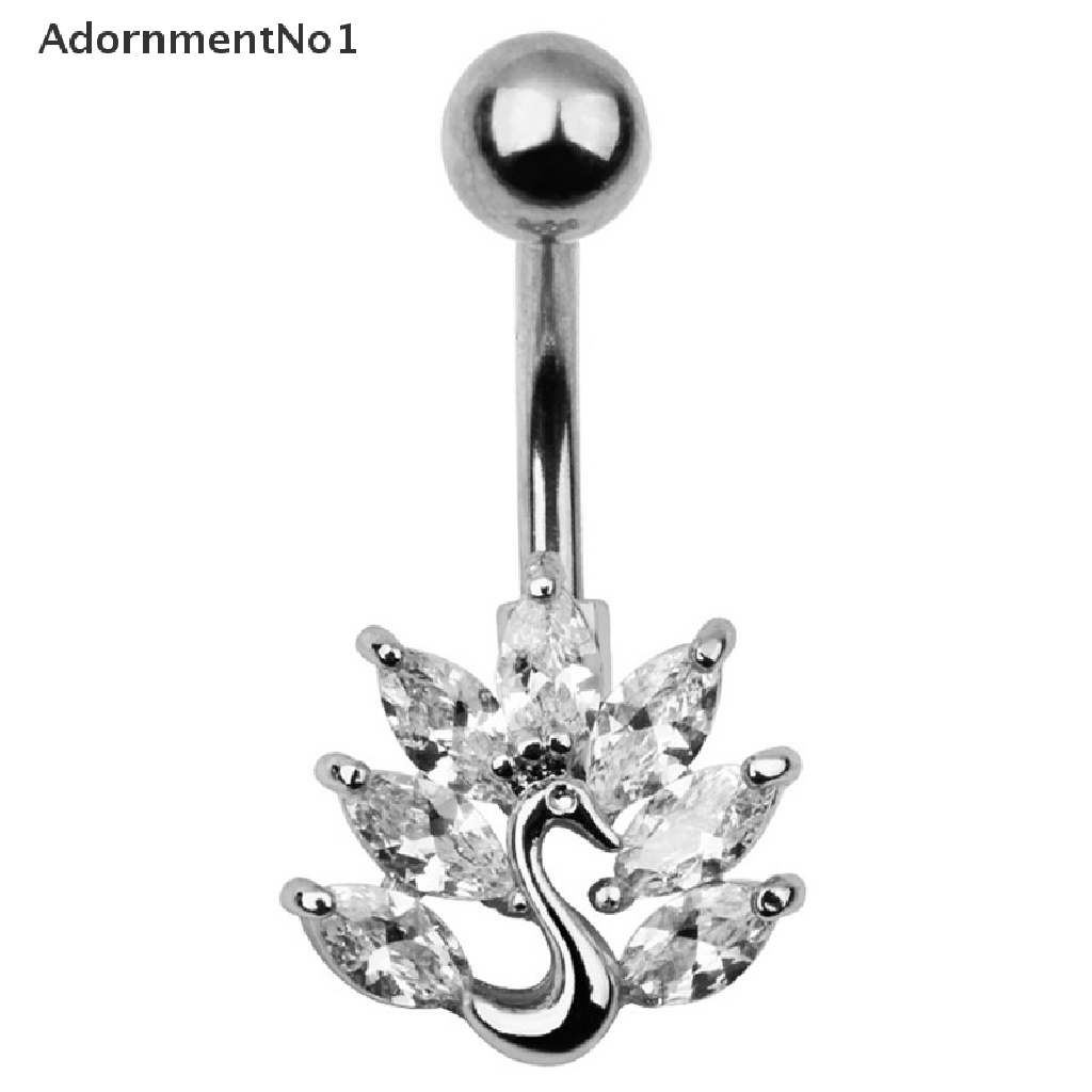 (AdornmentNo1) Cincin Tindik Pusar Bahan Stainless Steel Desain Merak Hias Zircon + Kristal Untuk Wanita