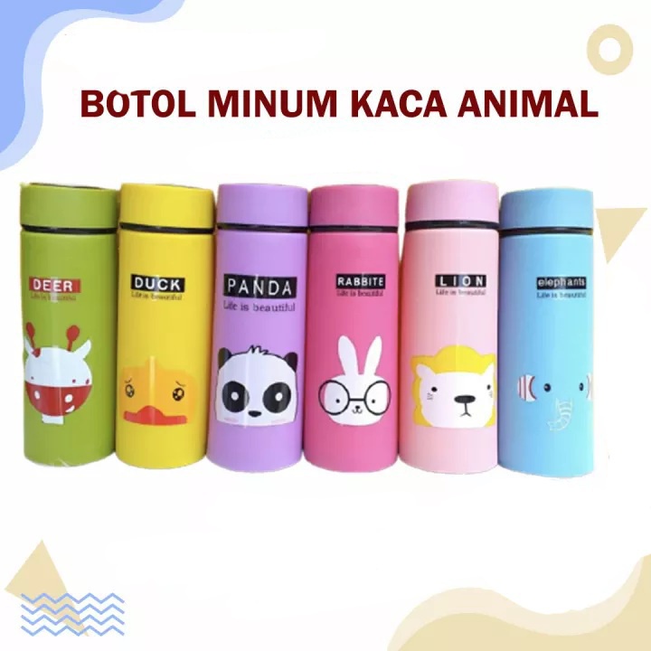 BOTOL MINUM KACA ANIMAL WARNA UK. 380ML