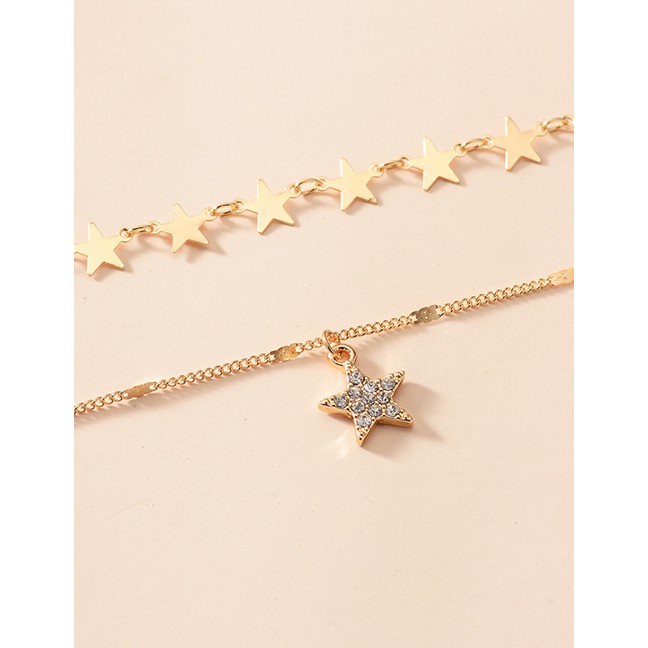 LRC Kalung Fashion Gold Color Alloy Double-layer Diamond Five-pointed Star P82897