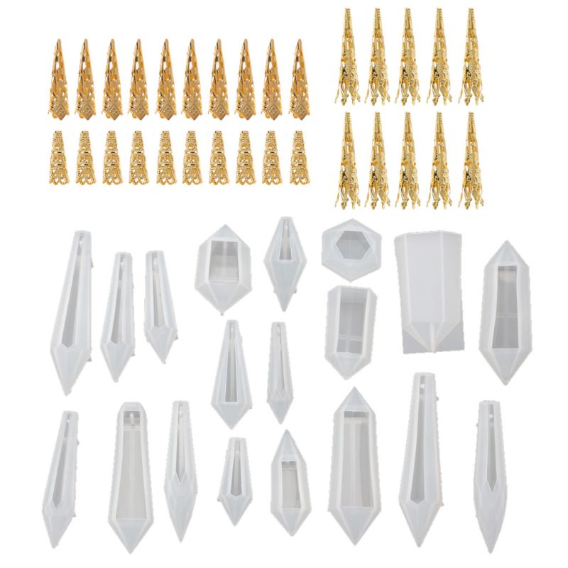 SIY  19Pcs Resin Pendulum Molds Silicone Quartz Crystal Molds with 30Pcs Metal Bead Caps Epoxy UV Resin Molds Jewelry Tools