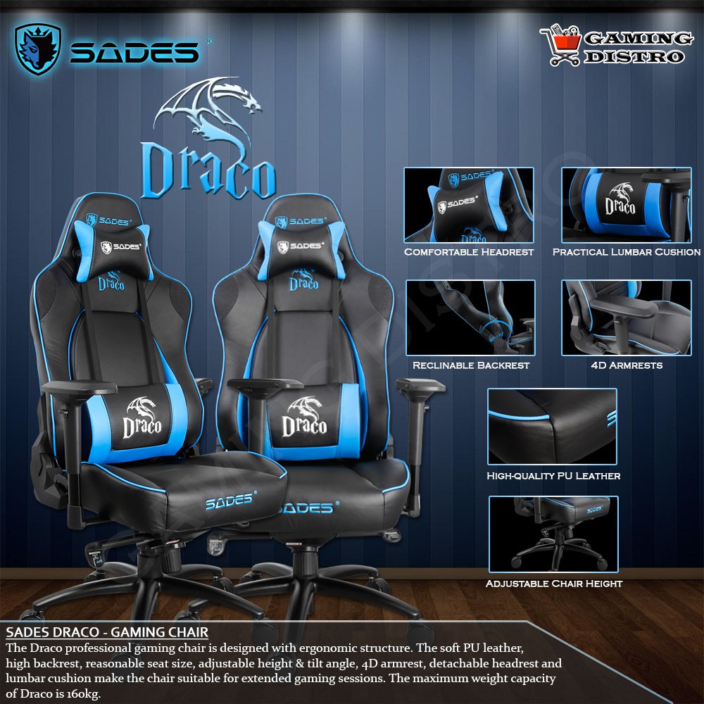 Sades Draco - Sades Gaming Chair - Kursi Gaming Sades Draco - Blue
