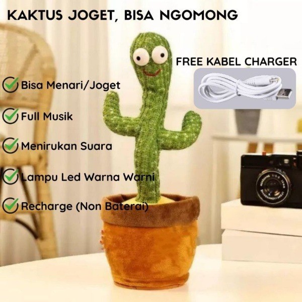 Dancing Cactus Recorder Toy Dancing Cactus Mainan Boneka Kaktus Joget Led Menari Music bisa Rekam Suara Bisa Cas with Usb Cable