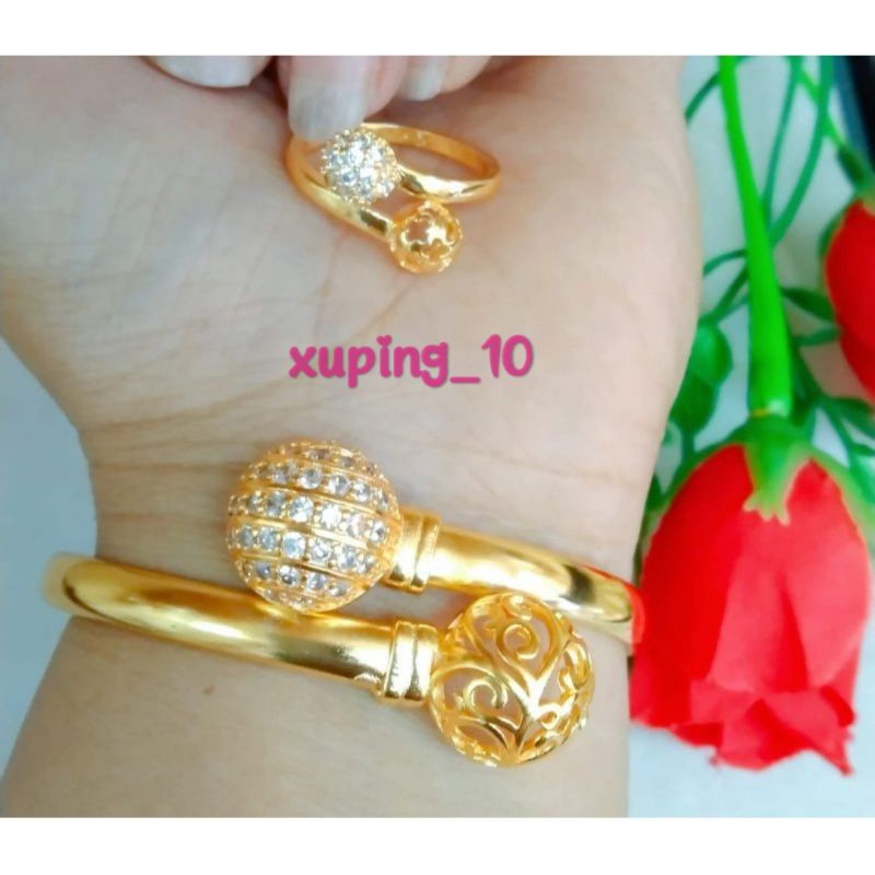 Perhiasan xuping cantik gelang bangle dan cincin 24k