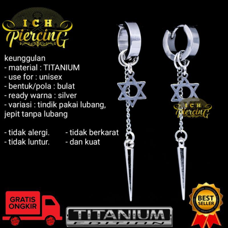 VIRAL Anting Bintang Hexagram Rantai Tmbak Titanium steel / Anting Pria Wanita Gantungan Piercing Xuping