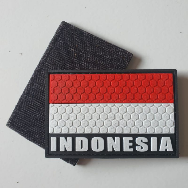 PATCH RUBBER LOGO BENDERA MERAH PUTIH INDONESIA TULISAN/TEMPELAN EMBLEM KARET VELCRO