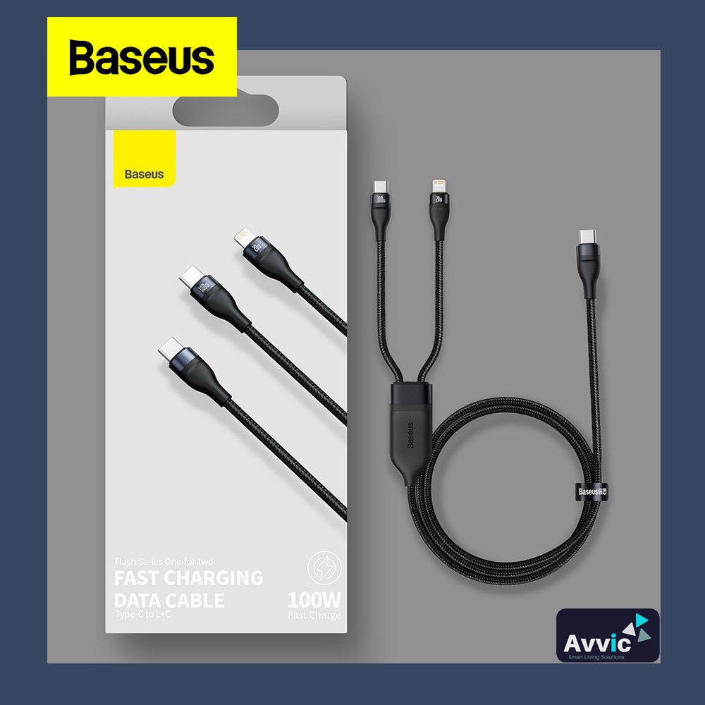 Baseus Kabel Data 2in1 Fast Charging Type C to Type C &amp; iPhone Lightning 100W PD QC Flash Series Data Cable