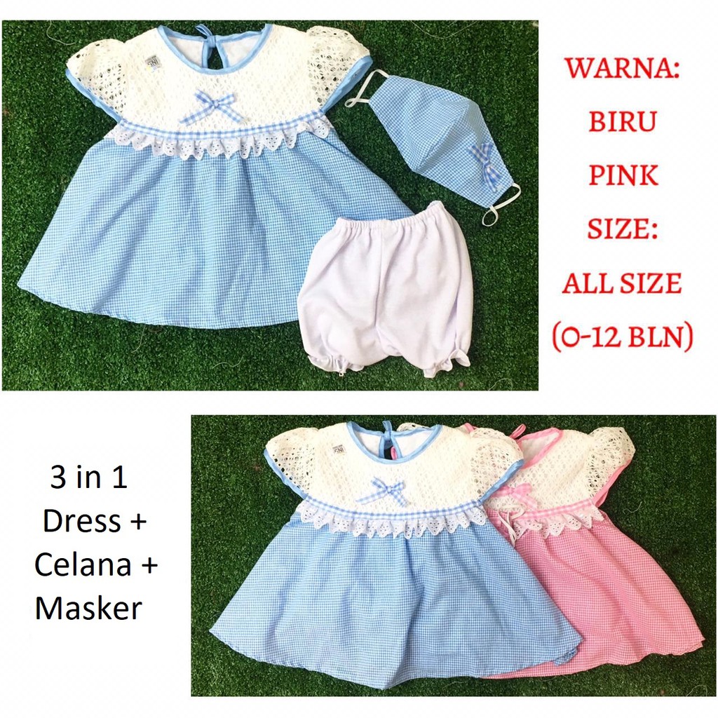 3in1 Set Dress Newborn + Masker + Celana 0-12 bulan CBKS AM