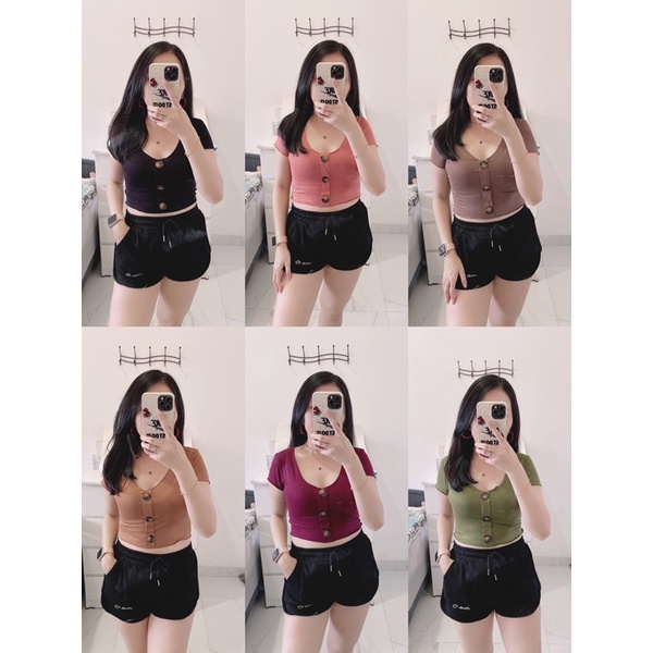 croptop kancing depan wanita.croptop button polos cwe spandek.atasan crop miurah