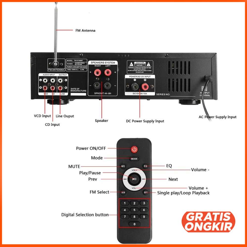 Bluetooth EQ Audio Amplifier Home Theater FM 2000W - TAV-6188