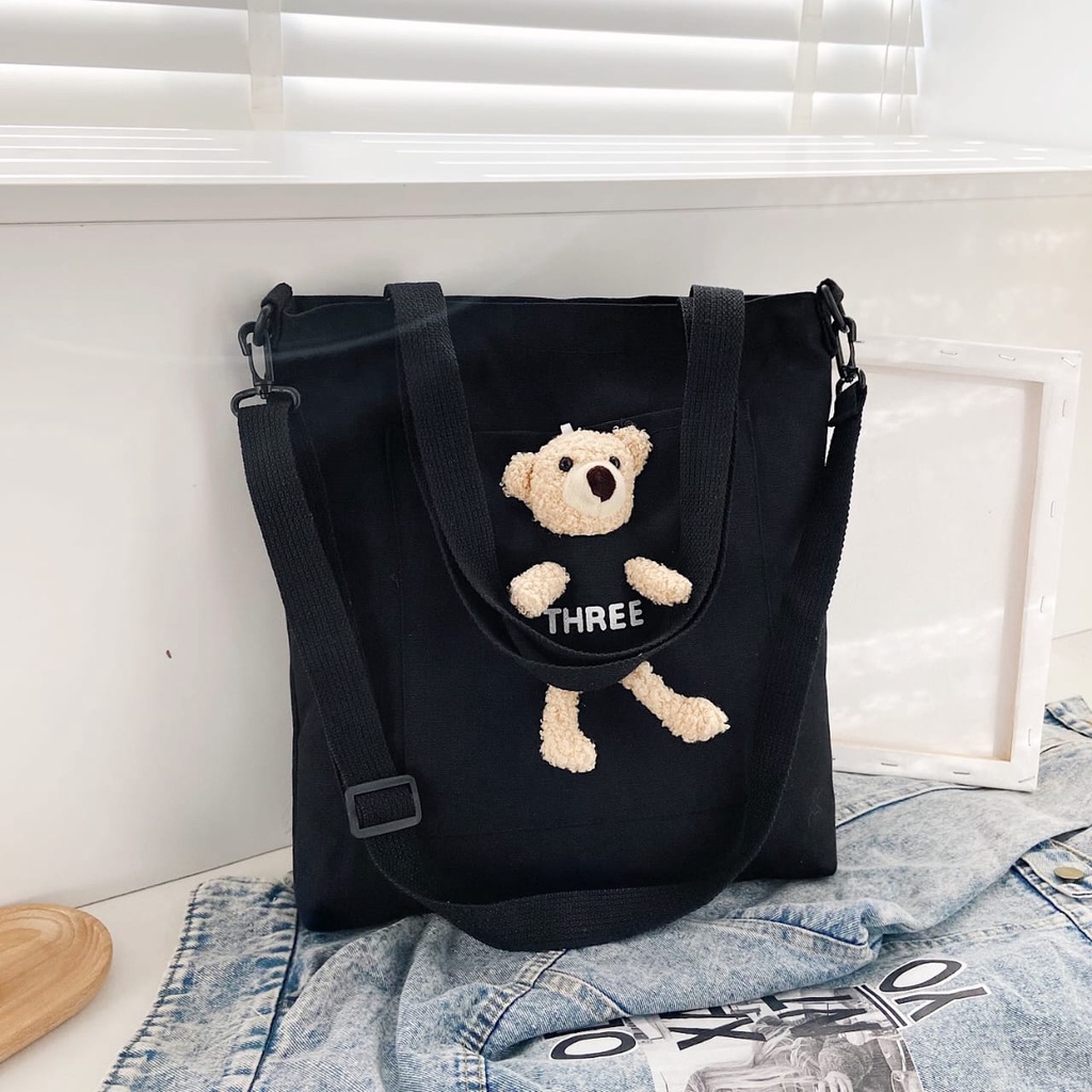 [littlecrab] Tote Bag Beruang Lucu Teddy Bear Unisex Totebag Timbul Unik Resleting Berkualitas Tas Tote Kuliah Sekolah Big Capacity Korean Style