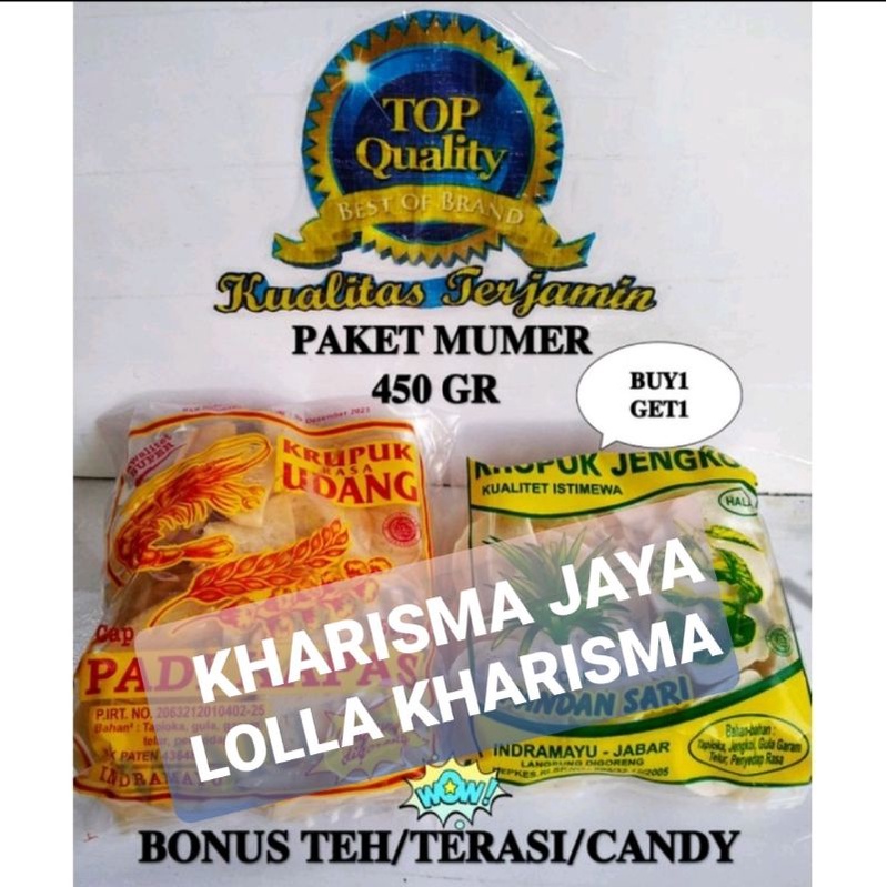 

PAKET MUMER(BUY1GET1) 450 GR KERUPUK PADI KAPAS SEDANG+ KRUPUK JENGKOL GRATIS TEH/TERASI/ CANDY