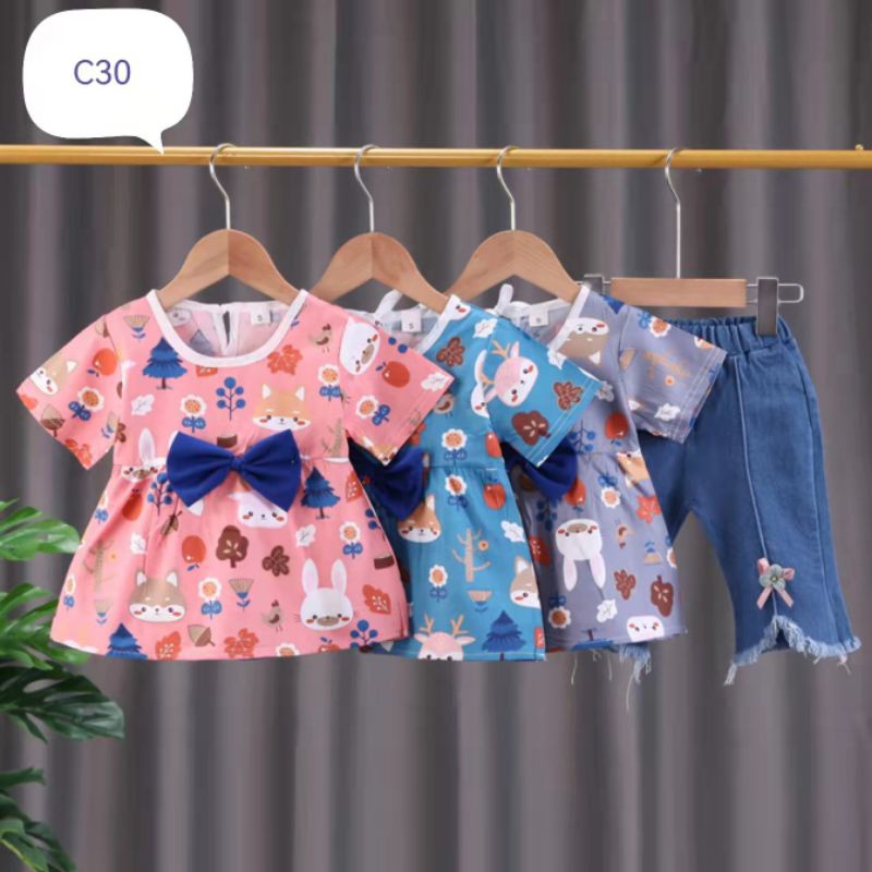 Setelan anak perempuan atasan jins cherry import 1-5 tahun/ Baju Setelan kemeja Setelan Jeans anak cewek tanggung 1 2 3 4 5 tahun